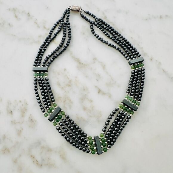 Vintage Hematite & Green Beaded Statement Necklace - Picture 5 of 10